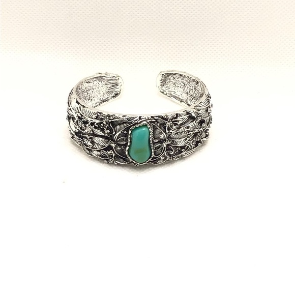 Boho Vintage Style Southwestern Silver-tone Turquoise Stone Bangle Cuff Bracelet - Picture 6 of 7